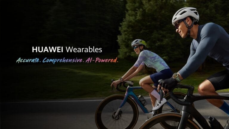 HUAWEI Wearables promotional banner showing two cyclists riding outdoors, with text reading Accurate. Comprehensive. AI-Powered.