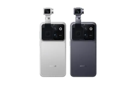 Honor Robot Phone shown in Moon Shadow Gray and Star Track Silver color variants, featuring the signature swivel gimbal camera module extended above the triple-camera array on the rear panel.