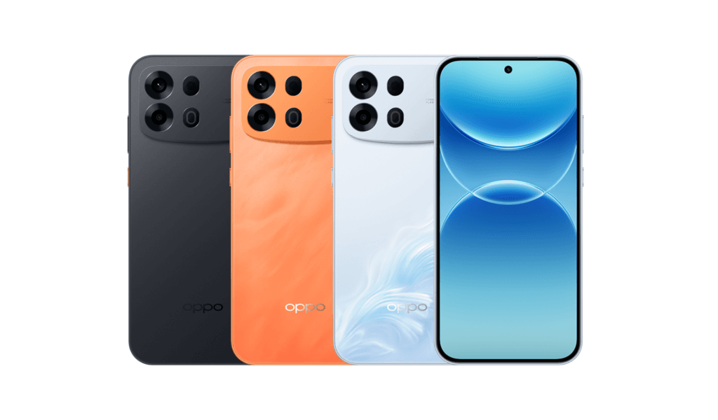 Official lineup of the OPPO A7 Pro Max 5G showing all three color variants side by side. Distant Mountain Black, Front Orange, and Ride the Waves are displayed from left to right, alongside the front view showing the curved-edge screen and centered punch-hole camera. Each variant features a unified square camera module and centered OPPO logo on the rear panel.
