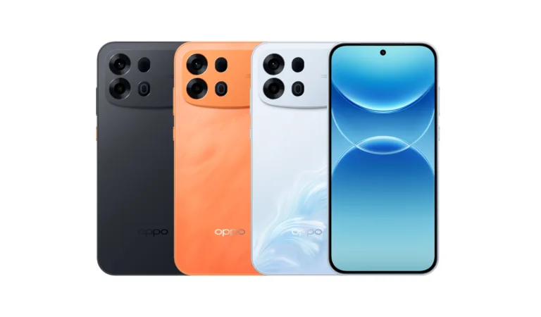 OPPO A7 Pro Max 5G Launched in China, Starting Price CNY 2,199 Official lineup of the OPPO A7 Pro Max 5G showing all three color variants side by side. Distant Mountain Black, Front Orange, and Ride the Waves are displayed from left to right, alongside the front view showing the curved-edge screen and centered punch-hole camera. Each variant features a unified square camera module and centered OPPO logo on the rear panel.