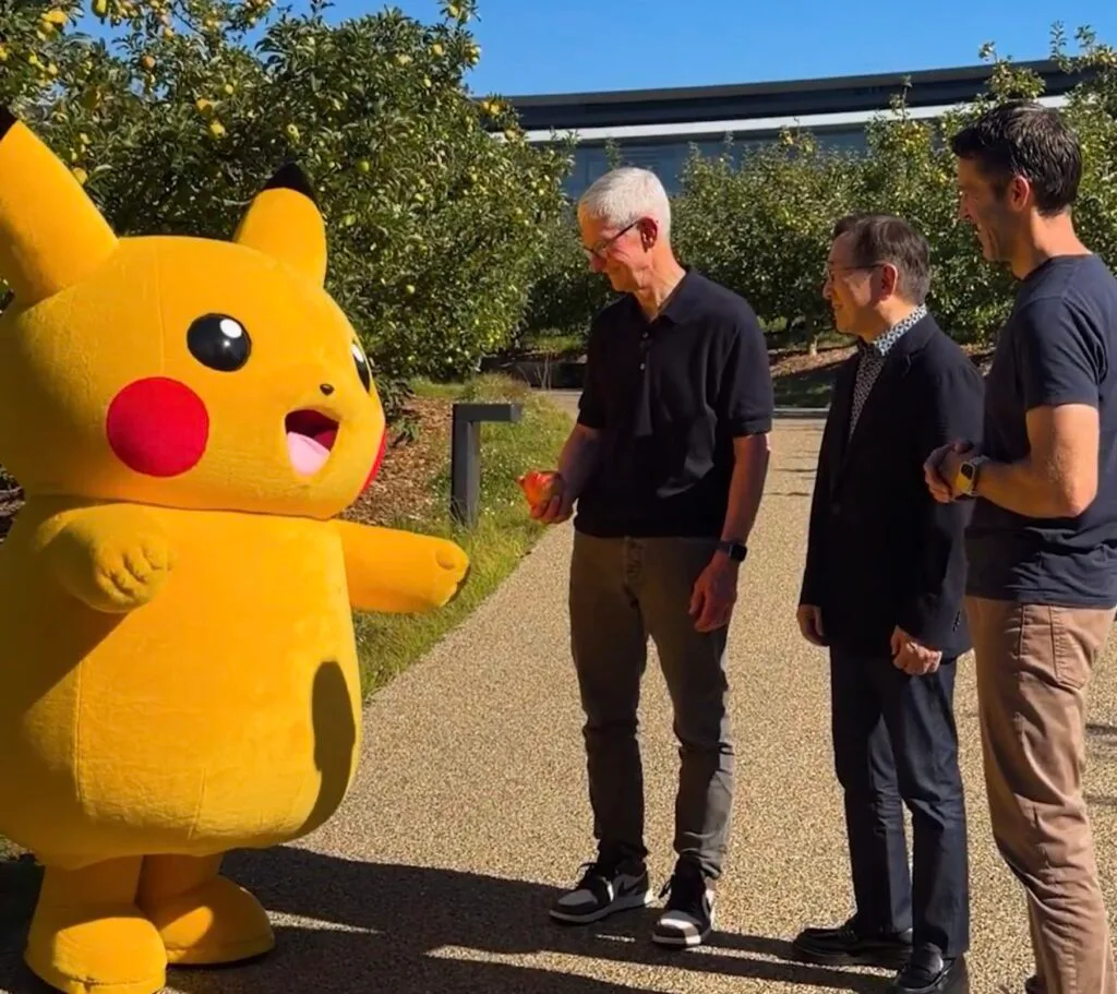 Pikachu Visits Apple Park as Tim Cook Hosts Pokémon Team Ahead of CEO Transition Tim Cook offers an apple to Pikachu alongside The Pokémon Company CEO Tsunekazu Ishihara and John Ternus at Apple Park campus