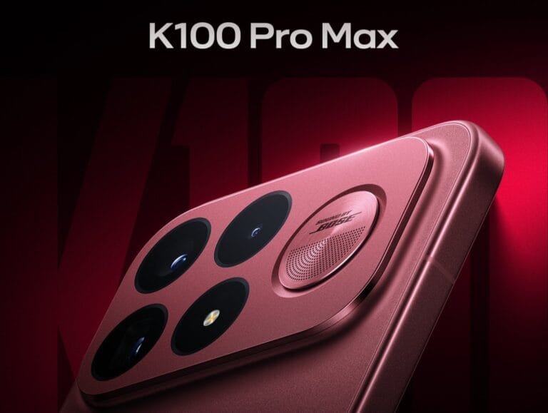 Redmi K100 Pro Max Camera and Audio Details Fully Revealed Ahead of August 11 Launch Close-up view of the Redmi K100 Pro Max rear camera module in a warm rose gold finish. The angular housing holds five circular cutouts including four lenses and flash, plus a circular speaker grille engraved with Sound by Bose branding. The device sits against a dark red gradient background with K100 Pro Max text at the top.