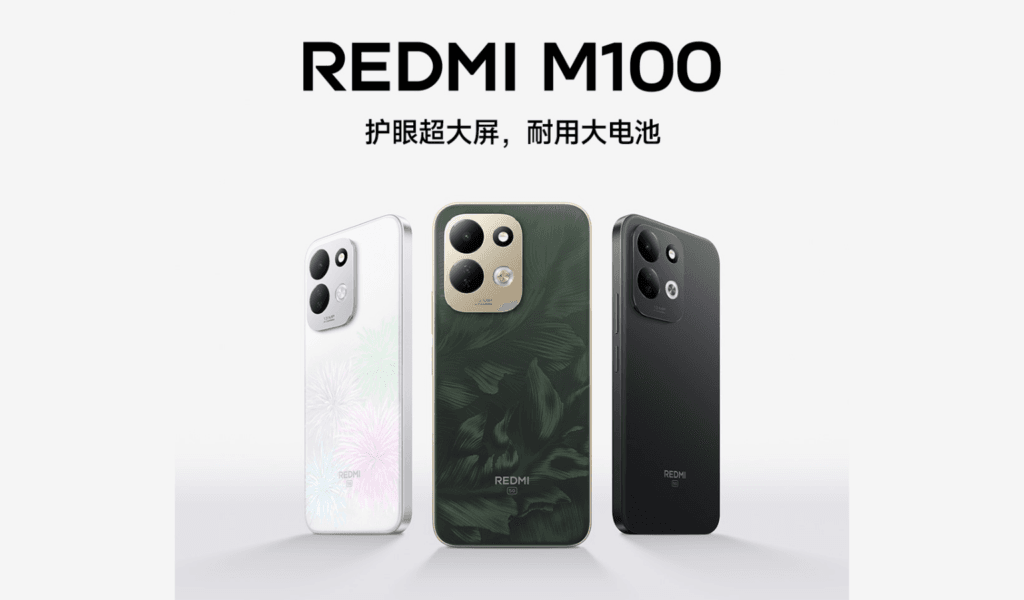 Redmi M100 Launched in China With 7,900mAh Battery and Snapdragon 4 Gen 5 Redmi M100 official poster showing three color variants: Starry White, Wilderness Green, and Vast Night Black, with tagline "Eye-protecting ultra-large screen, durable large battery" on light background.