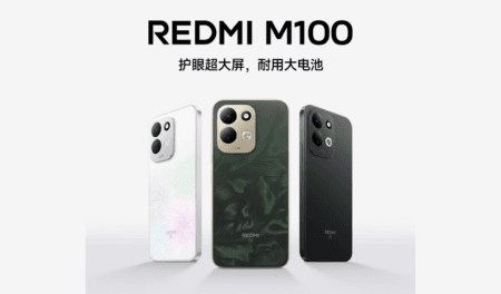 Redmi M100 Launched in China With 7,900mAh Battery and Snapdragon 4 Gen 5 Redmi M100 official poster showing three color variants: Starry White, Wilderness Green, and Vast Night Black, with tagline "Eye-protecting ultra-large screen, durable large battery" on light background.