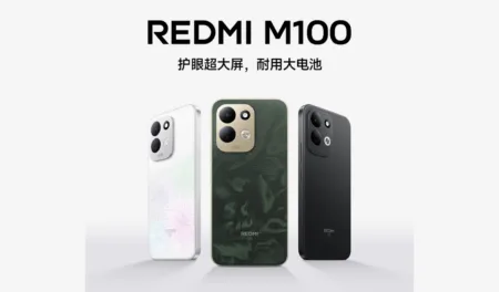 Redmi M100 official poster showing three color variants: Starry White, Wilderness Green, and Vast Night Black, with tagline "Eye-protecting ultra-large screen, durable large battery" on light background.