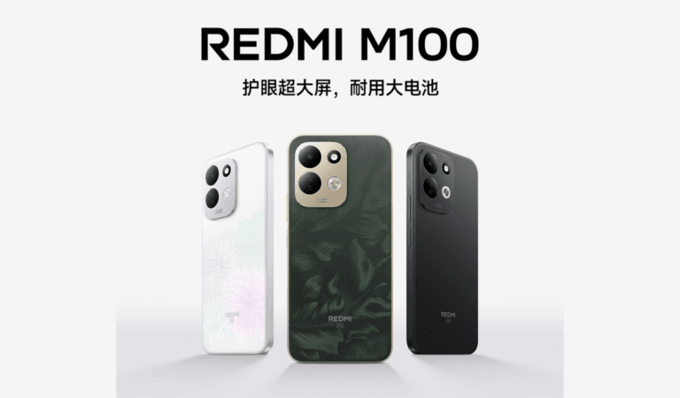 Redmi M100 official poster showing three color variants: Starry White, Wilderness Green, and Vast Night Black, with tagline "Eye-protecting ultra-large screen, durable large battery" on light background.