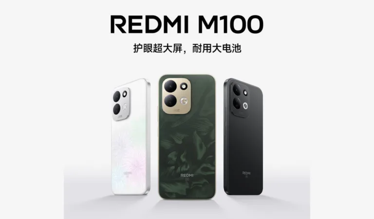Redmi M100 official poster showing three color variants: Starry White, Wilderness Green, and Vast Night Black, with tagline "Eye-protecting ultra-large screen, durable large battery" on light background.