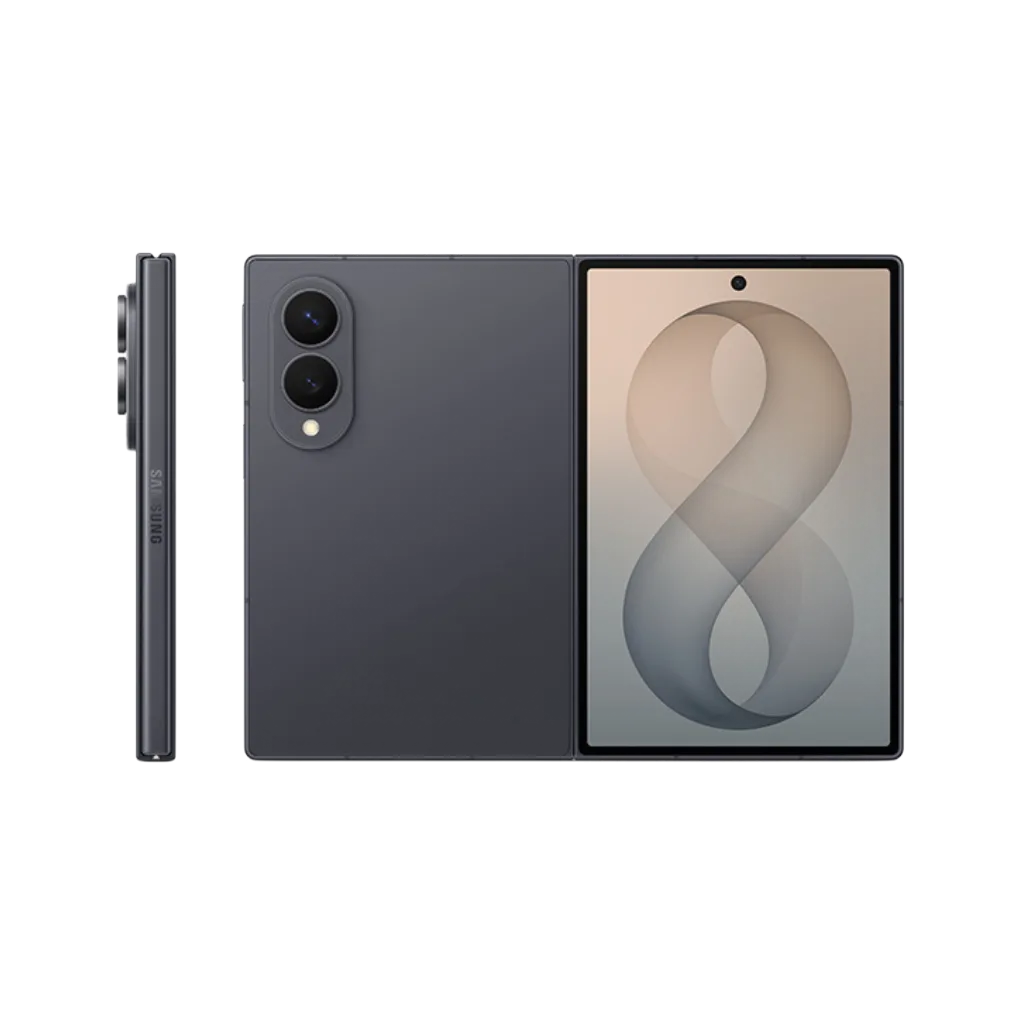 Samsung Galaxy Z Fold 8 in slate gray, shown unfolded with inner display, rear dual-camera module, and side profile against black background.