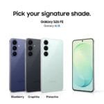 Samsung Galaxy S26 FE Launched in Philippines Starting at ₱46,990 3 Samsung Galaxy S26 FE in Blueberry, Graphite, and Pistachio colorways, showing rear camera design and front display with Galaxy AI branding