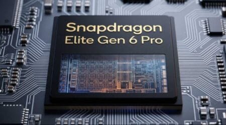 Close-up view of the Snapdragon Elite Gen 6 Pro chip resting on a circuit board. The chip cover displays the name in gold lettering above a transparent window revealing the intricate internal silicon die and circuitry patterns.