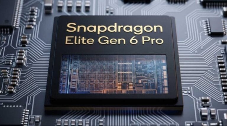 Close-up view of the Snapdragon Elite Gen 6 Pro chip resting on a circuit board. The chip cover displays the name in gold lettering above a transparent window revealing the intricate internal silicon die and circuitry patterns.