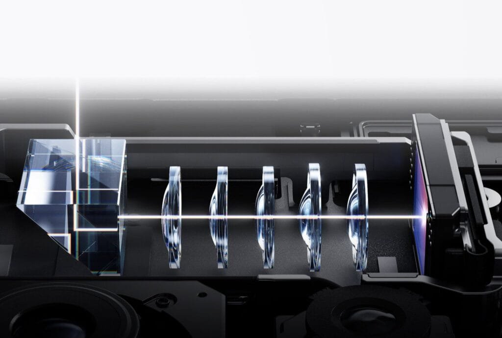 Vivo X500 Pro 85mm 64MP Zeiss APO super telephoto lens internal design showing prism and lens array with light path