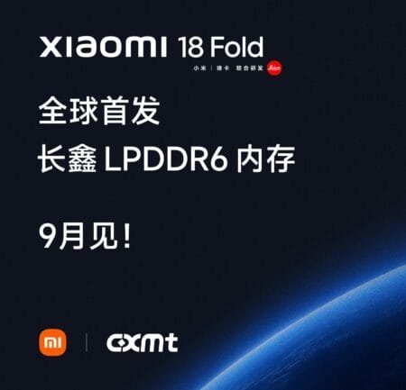 Xiaomi 18 Fold official announcement poster confirming global first launch with CXMT LPDDR6 RAM, September launch, Xiaomi and Leica co-developed branding, dark blue design.