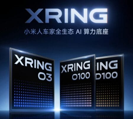 Xiaomi Xring O3, O100, D100 Announced, First Devices Launch September 2026 Three Xring chips including Xring O3 O100 and D100 displayed side by side on a dark blue background. The XRING logo sits above with text describing Xiaomi full ecosystem AI computing base.