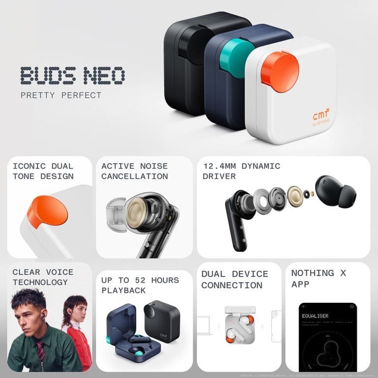 CMF Buds Neo feature infographic displaying the three color cases alongside key specs such as iconic dual tone design, active noise cancellation, 12.4mm dynamic driver, Clear Voice Technology, up to 52 hours playback, dual device connection, and Nothing X app support.