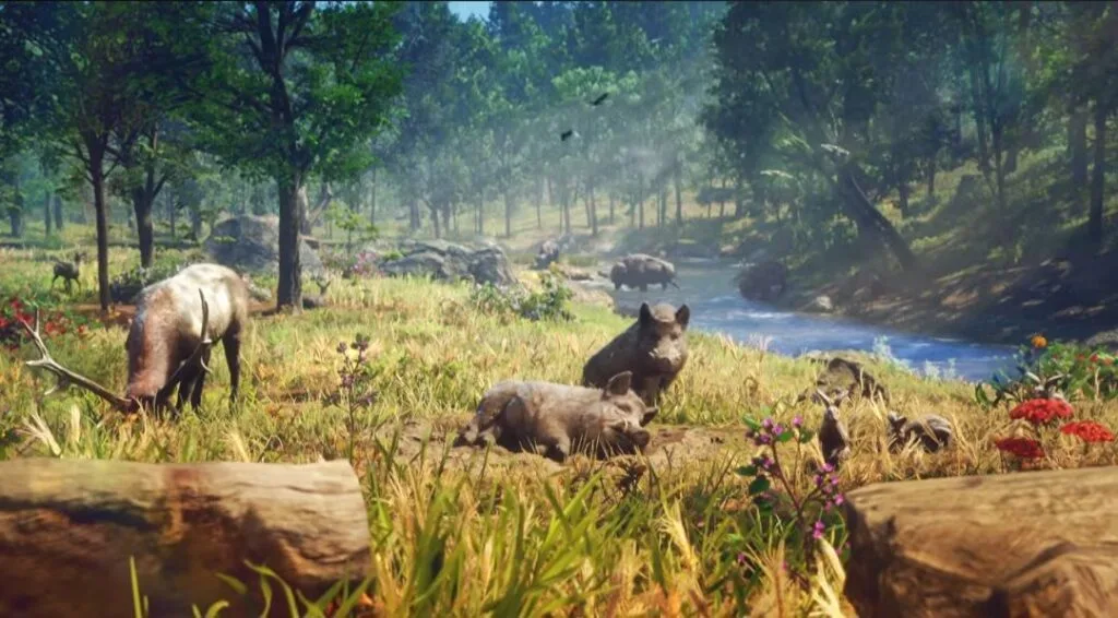 GTA 6 Extended Look Released: Everything Shown in the 27-Minute Video 10 GTA 6 Extended Look gameplay showing wildlife in Leonida countryside, deer grazing and wild hogs resting in tall grass beside a winding river, dense forest backdrop.