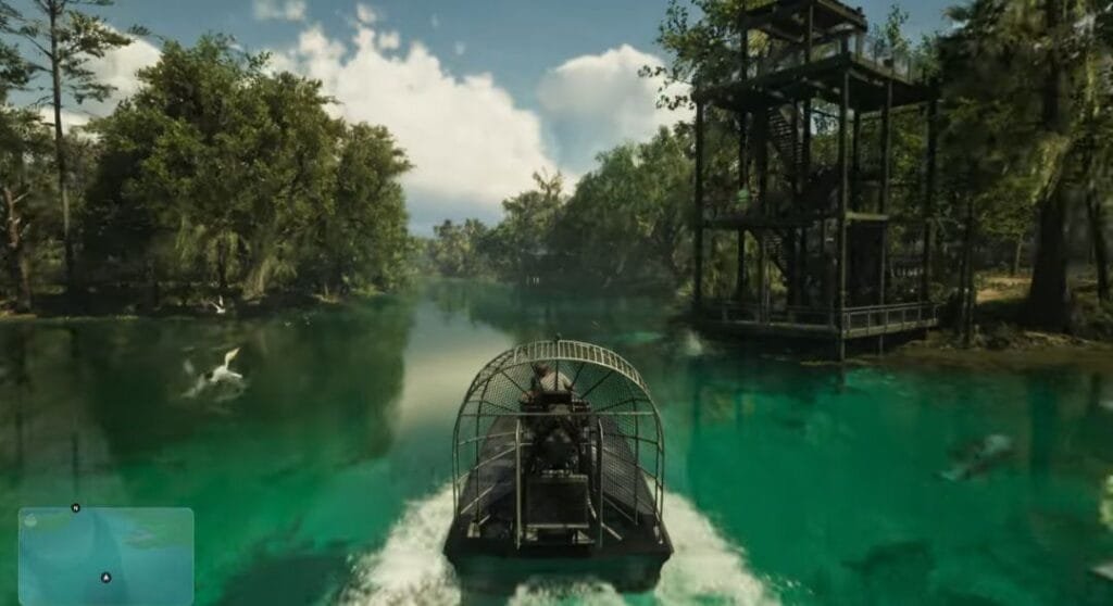 GTA 6 Extended Look Released: Everything Shown in the 27-Minute Video 7 GTA 6 Extended Look gameplay showing airboat traveling through turquoise swamp waters in Leonida, lush trees and observation tower lining the river, open world exploration.