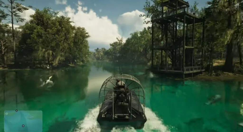 GTA 6 Extended Look Released: Everything Shown in the 27-Minute Video 7 GTA 6 Extended Look gameplay showing airboat traveling through turquoise swamp waters in Leonida, lush trees and observation tower lining the river, open world exploration.