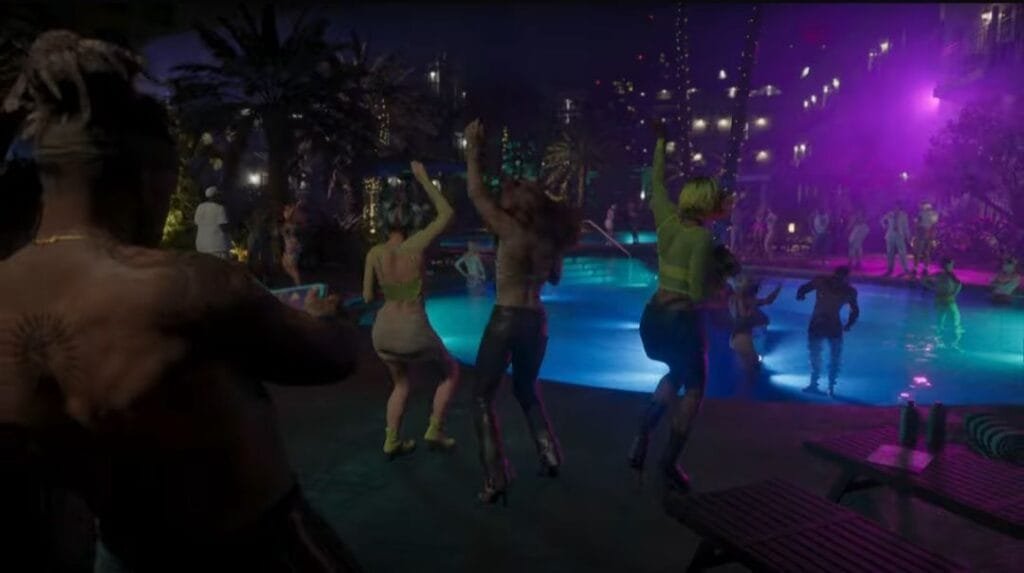 GTA 6 Extended Look Released: Everything Shown in the 27-Minute Video 12 GTA 6 Extended Look gameplay showing vibrant nighttime pool party in Vice City, people dancing under neon purple and blue lights, nightlife environment.