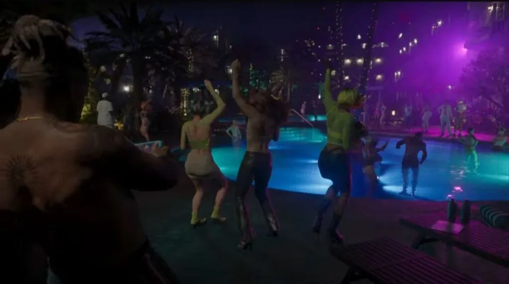 GTA 6 Extended Look Released: Everything Shown in the 27-Minute Video 12 GTA 6 Extended Look gameplay showing vibrant nighttime pool party in Vice City, people dancing under neon purple and blue lights, nightlife environment.