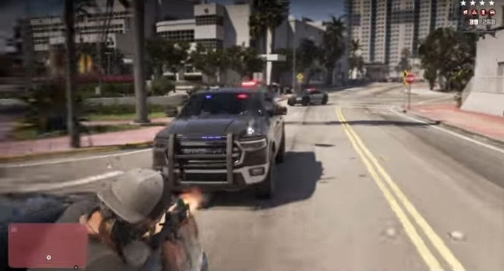 GTA 6 Extended Look Released: Everything Shown in the 27-Minute Video 4 GTA 6 Extended Look gameplay showing police pursuit and shootout in Vice City, player firing at armored police SUV with flashing lights, three star wanted level visible.
