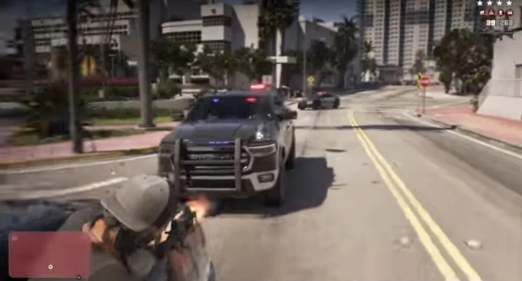 GTA 6 Extended Look Released: Everything Shown in the 27-Minute Video 4 GTA 6 Extended Look gameplay showing police pursuit and shootout in Vice City, player firing at armored police SUV with flashing lights, three star wanted level visible.