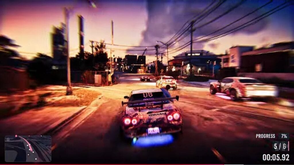 GTA 6 Extended Look Released: Everything Shown in the 27-Minute Video 6 GTA 6 Extended Look gameplay showing street racing at sunset in Leonida, customized sports car with neon underglow leading the pack, race UI visible.