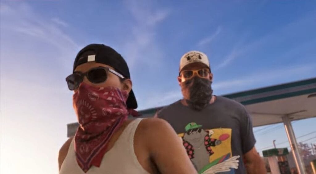 GTA 6 Extended Look Released: Everything Shown in the 27-Minute Video 3 GTA 6 Extended Look gameplay showing Lucia and Jason wearing bandanas and masks during a robbery scene at a gas station, Leonida criminal mission.