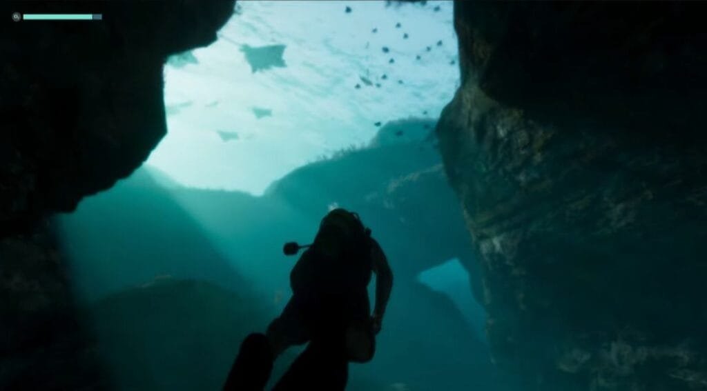 GTA 6 Extended Look Released: Everything Shown in the 27-Minute Video 8 GTA 6 Extended Look gameplay showing scuba diving through underwater cave systems in Leonida, sunlight filtering through clear blue water with fish swimming above, underwater exploration.