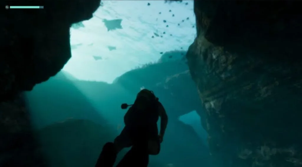 GTA 6 Extended Look Released: Everything Shown in the 27-Minute Video 8 GTA 6 Extended Look gameplay showing scuba diving through underwater cave systems in Leonida, sunlight filtering through clear blue water with fish swimming above, underwater exploration.