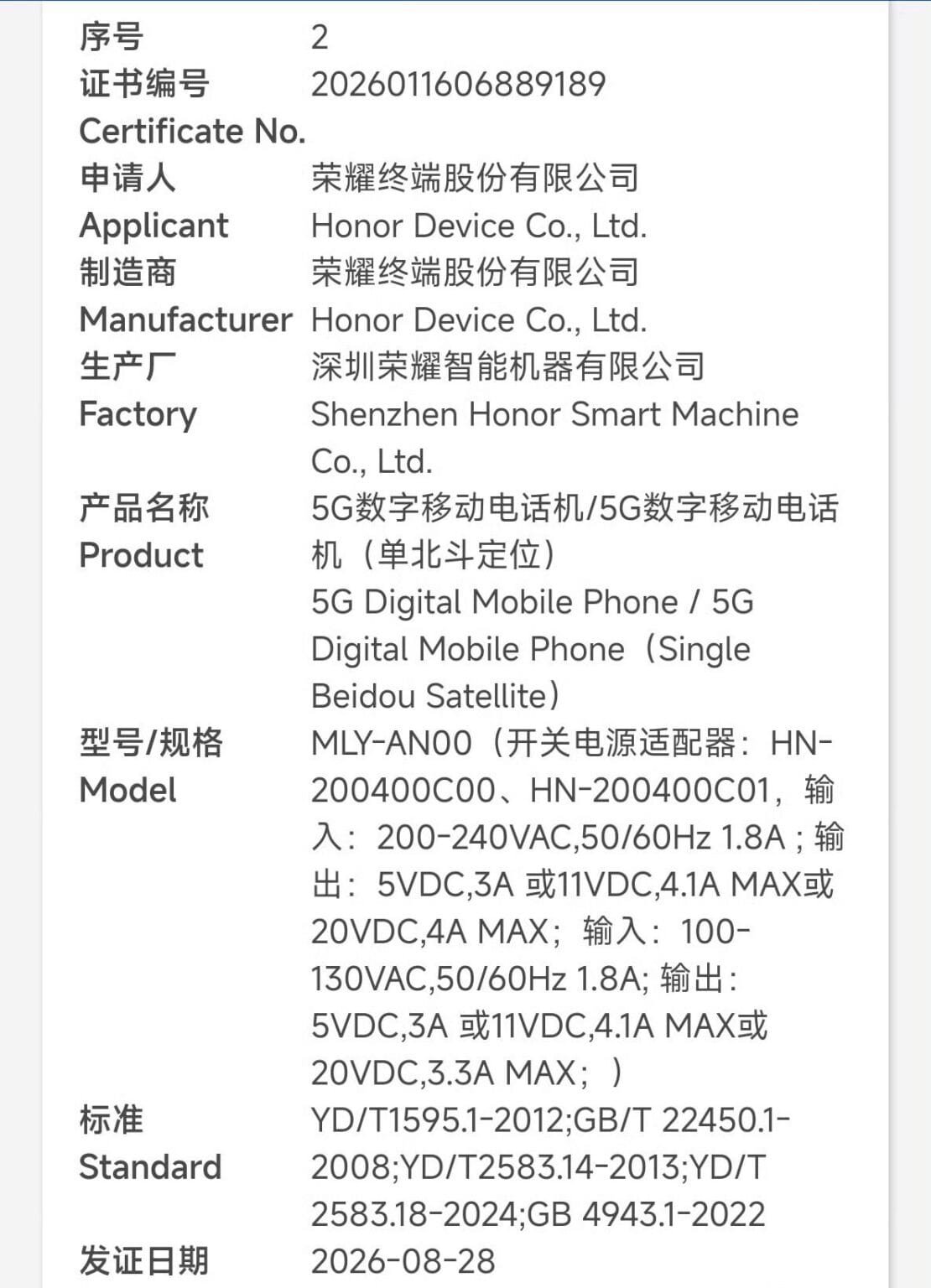 CCC certification document for Honor 5G phone model MLY-AN00, issued August 28 2026, listing Honor Device Co. as applicant and manufacturer, Shenzhen Honor Smart Machine as factory, with power adapter specs and Single Beidou Satellite support.