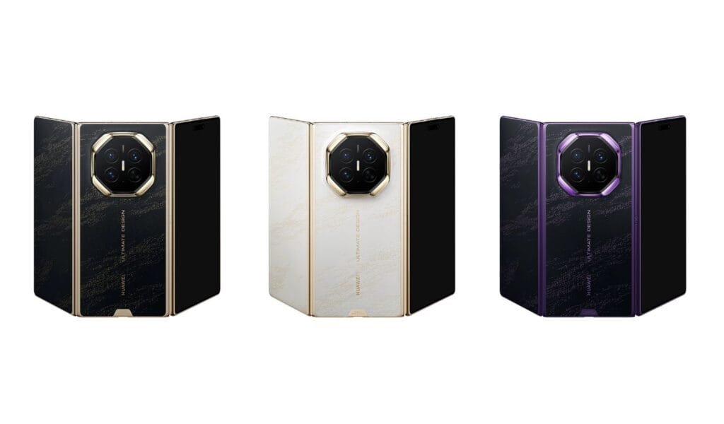 Three Huawei Mate XT2 Extraordinary Edition tri-fold smartphones displayed side by side, featuring Ultimate Design branding. Left to right: Obsidian Black with gold accents, Pure White with gold accents, Brocade Purple with purple accents. All show the device fully unfolded.