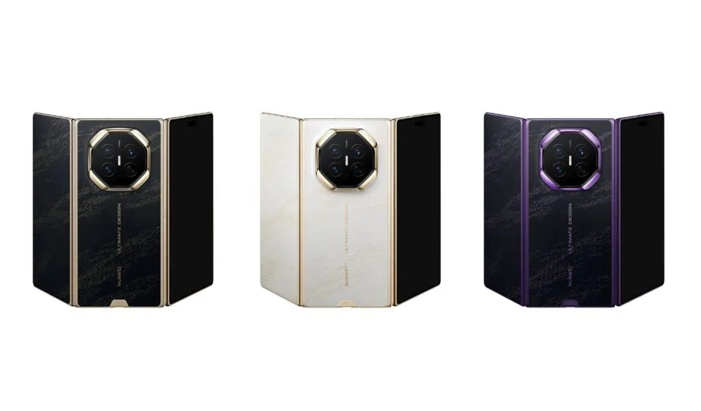 Huawei Teases Mate XT 2 With Three New Color Options 1 Three Huawei Mate XT2 Extraordinary Edition tri-fold smartphones displayed side by side, featuring Ultimate Design branding. Left to right: Obsidian Black with gold accents, Pure White with gold accents, Brocade Purple with purple accents. All show the device fully unfolded.