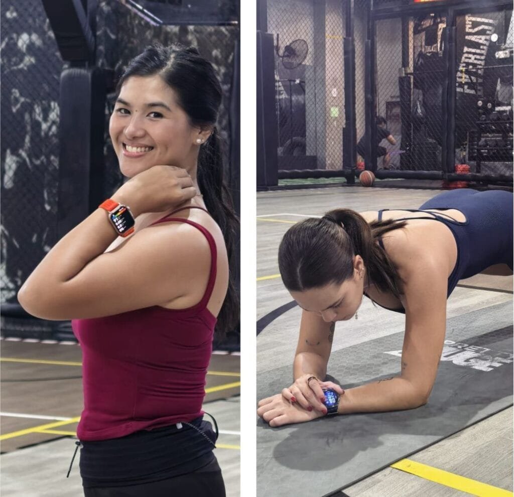 Huawei PH, Pretty Huge Host Fit Fest 2026: New Wearables Tested by Runners, Fitness Fans Across Workouts 2 Split photo: left, attendee wearing Huawei smartwatch with orange strap; right, participant tracking workout data on Huawei watch during floor exercise.