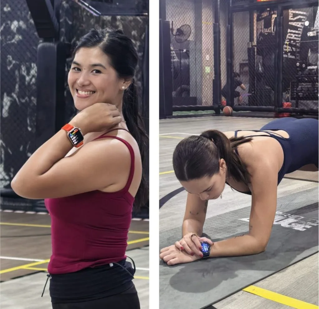Huawei PH, Pretty Huge Host Fit Fest 2026: New Wearables Tested by Runners, Fitness Fans Across Workouts 2 Split photo: left, attendee wearing Huawei smartwatch with orange strap; right, participant tracking workout data on Huawei watch during floor exercise.
