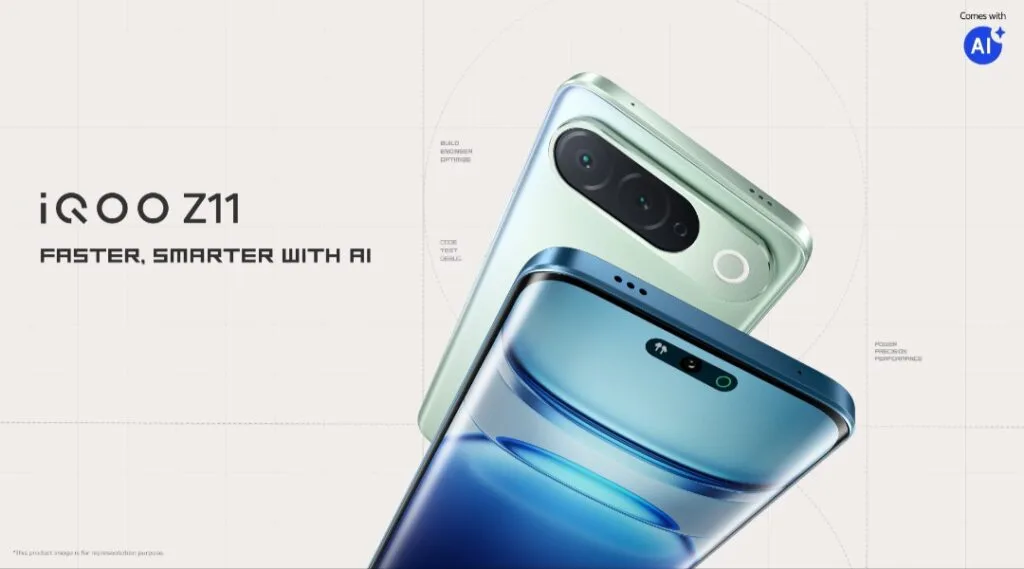 iQOO Z11 Launched in India With MediaTek Dimensity 7500 Turbo and 7,050mAh Battery iQOO Z11 official promotional poster showing Celestial Blue front and Aurora Green rear views, with tagline "Faster, Smarter With AI" and AI badge on light grid background.