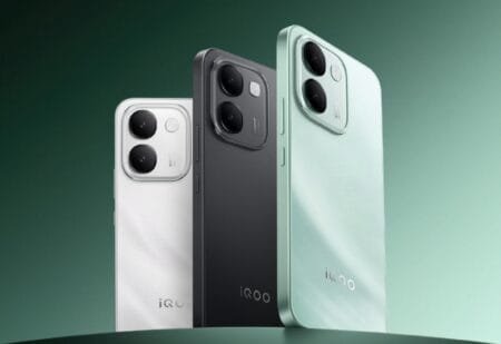 iQOO Z11S Launched With MediaTek Dimensity 7500 and Massive 10,000mAh Battery iQOO Z11S three color variants shown from rear view: Wanli Floating Light white, Ink Rock Black, and Snow Island Green, featuring vertical dual-camera module with square frame and centered iQOO logo on gradient green background.