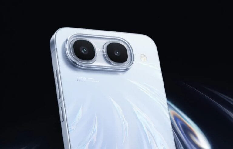 iQOO Neo 11 Ultra in light blue with swirling finish, close-up rear view showing dual-camera module with clear circular ring design.