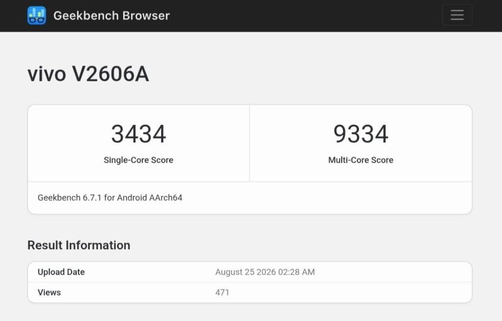iQOO 16 model V2606A Geekbench 6 results showing Snapdragon 8 Elite Gen 6 Pro with single-core score 3434 and multi-core score 9334, uploaded August 25 2026
