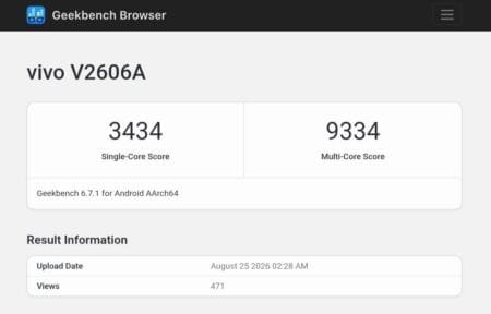 iQOO 16 model V2606A Geekbench 6 results showing Snapdragon 8 Elite Gen 6 Pro with single-core score 3434 and multi-core score 9334, uploaded August 25 2026