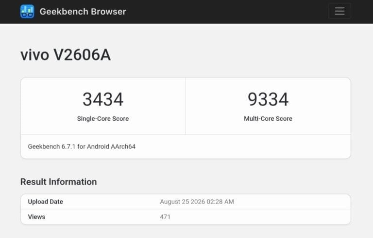 iQOO 16 model V2606A Geekbench 6 results showing Snapdragon 8 Elite Gen 6 Pro with single-core score 3434 and multi-core score 9334, uploaded August 25 2026