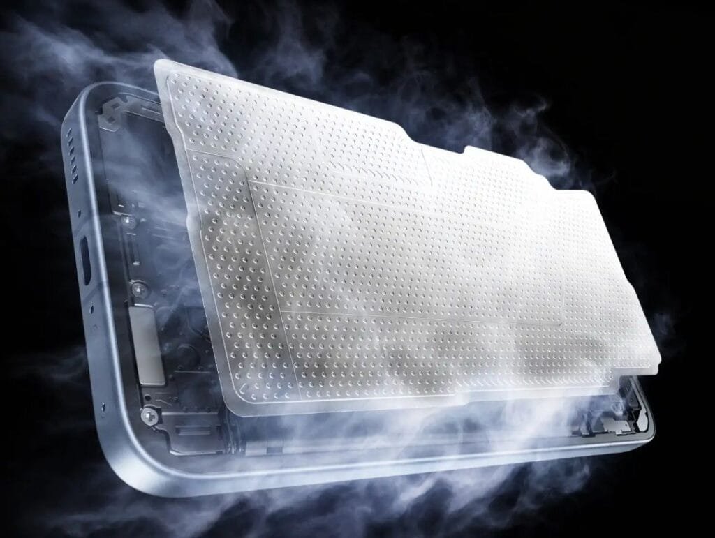 iQOO Neo 11 Ultra Launched in China; Gaming Phone Price Starts at CNY 3,699 4 Internal cooling system of iQOO Neo 11 Ultra, showing large 3D Ice Dome VC vapor chamber inside device frame with smoke effect demonstrating heat dissipation.