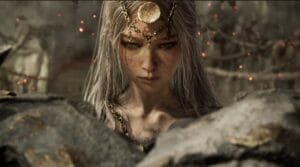 Nodusfall official trailer art featuring the Weaver character with silver hair, golden headpiece, and realistic fantasy visual style