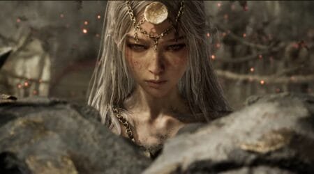 Nodusfall official trailer art featuring the Weaver character with silver hair, golden headpiece, and realistic fantasy visual style