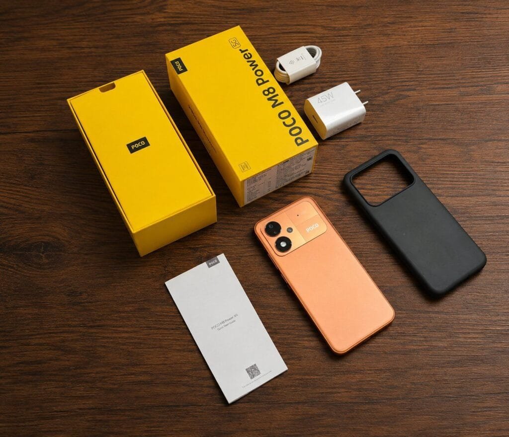 Poco M8 Power Retail Box Teased POCO M8 Power retail package and contents displayed on a dark wooden surface. The bright yellow POCO branded boxes sit alongside the Blaze Orange variant of the phone, showing its rear camera module and logo. Also included are a 45W power adapter, charging cable, black protective case, and printed quick start guide.