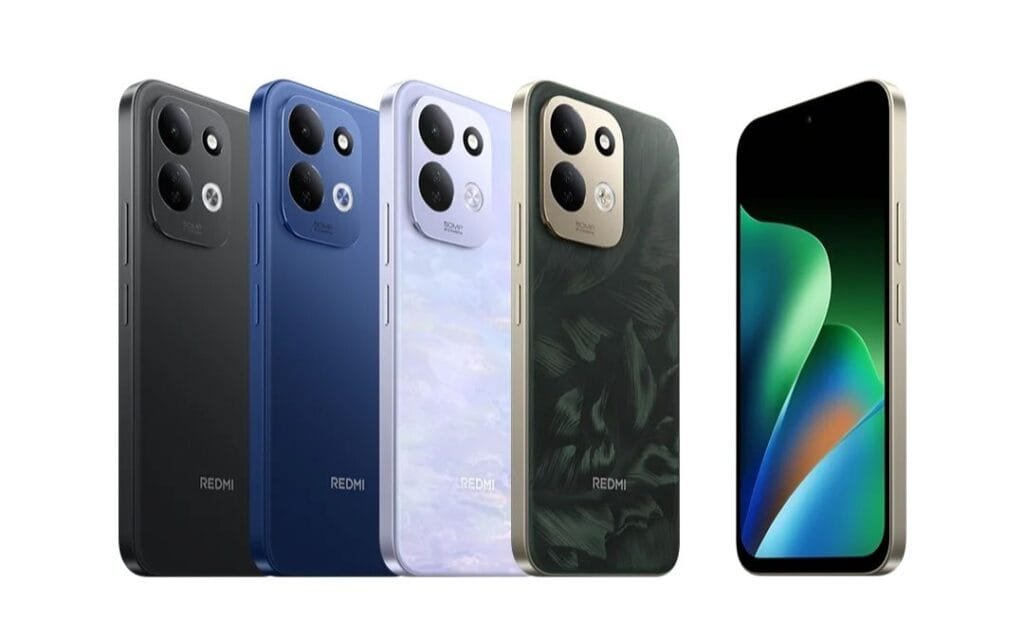 Redmi 17 5G and Redmi 17 (4G) Launched Globally: 7,500mAh Battery and 120Hz LCD Display 2 Four Redmi 17 4G smartphones displayed from the rear in Black, Deep Blue, Lotus Purple, and Oak Green textured finish, plus the front view showing the display with colorful wallpaper. Rear camera layout matches the 5G variant with the same square module design.