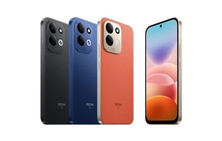 Three Redmi 17 5G smartphones shown from the rear in Black, Deep Blue, and Vivid Orange leather finish, alongside the front view with rounded display and centered punch-hole camera. Distinctive square camera module with three lenses sits in the top-left corner of each rear panel.