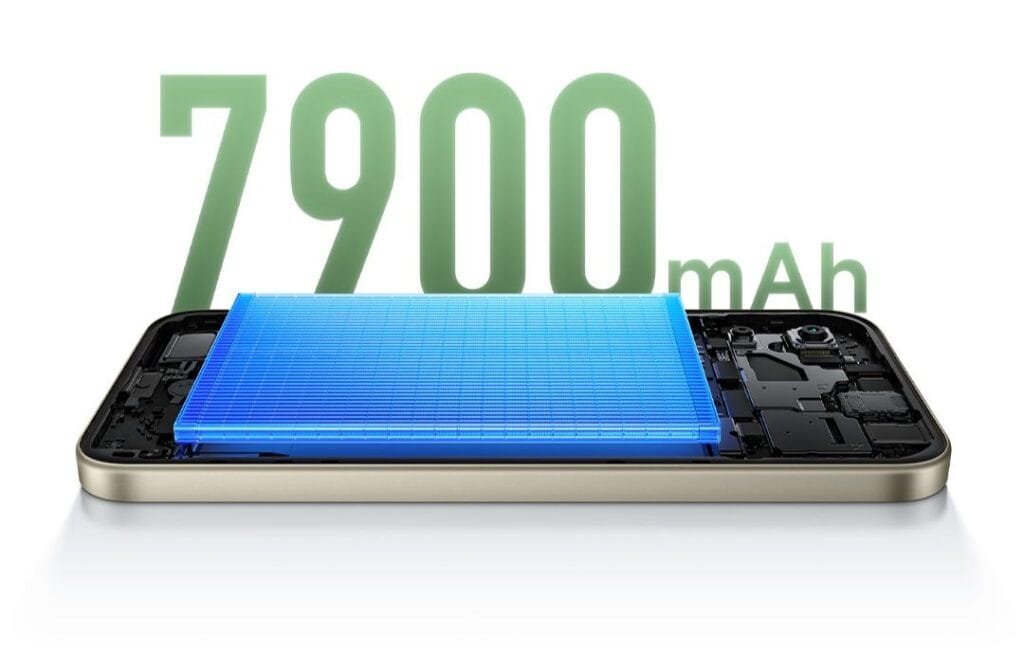 Redmi M100 Launched in China With 7,900mAh Battery and Snapdragon 4 Gen 5 1 Redmi M100 internal view highlighting 7,900mAh large-capacity battery rendered in glowing blue, displayed with device frame and component layout.