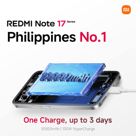 Xiaomi Redmi Note 17 Series Philippines announcement graphic showing 10000mAh battery inside the phone with charging cable, text reads One Charge up to 3 days and 100W HyperCharge