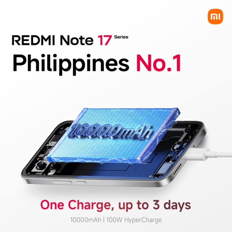 Xiaomi Redmi Note 17 Series Philippines announcement graphic showing 10000mAh battery inside the phone with charging cable, text reads One Charge up to 3 days and 100W HyperCharge